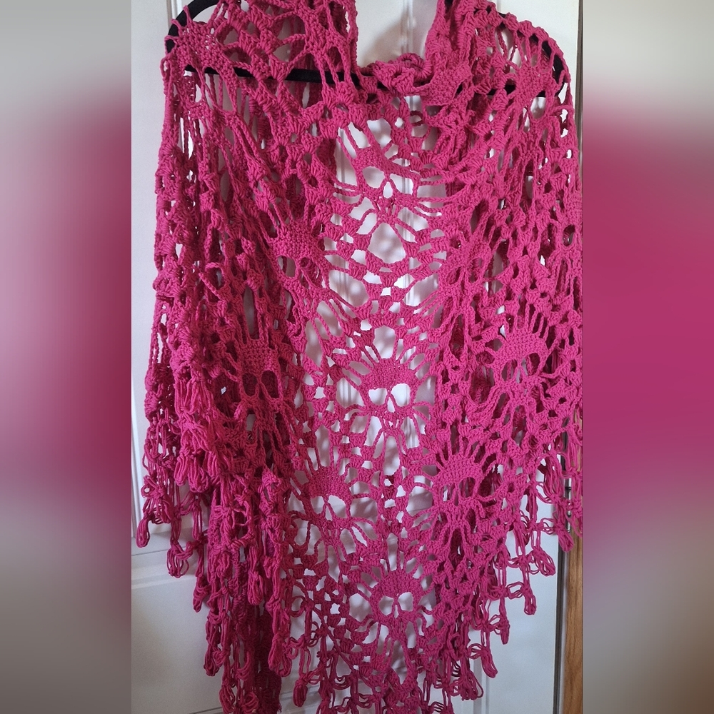 Handmade Crochet Shawl – Pink Skull Cotton  Blend Wrap, Boho Vintage Style
